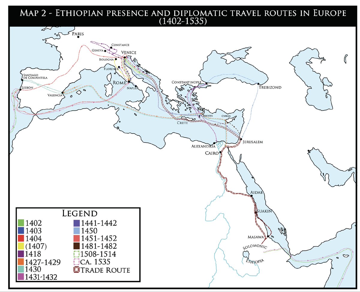 3/ Between 1400—1530, Ethiopian kings sent at least a dozen diplomatic missions to different princely & ecclesiastical courts in Latin Europe. Most were sent out within 50 years, the first half of the 15th century. Ethiopian ambassadors appear from Venice to Naples to Valencia.