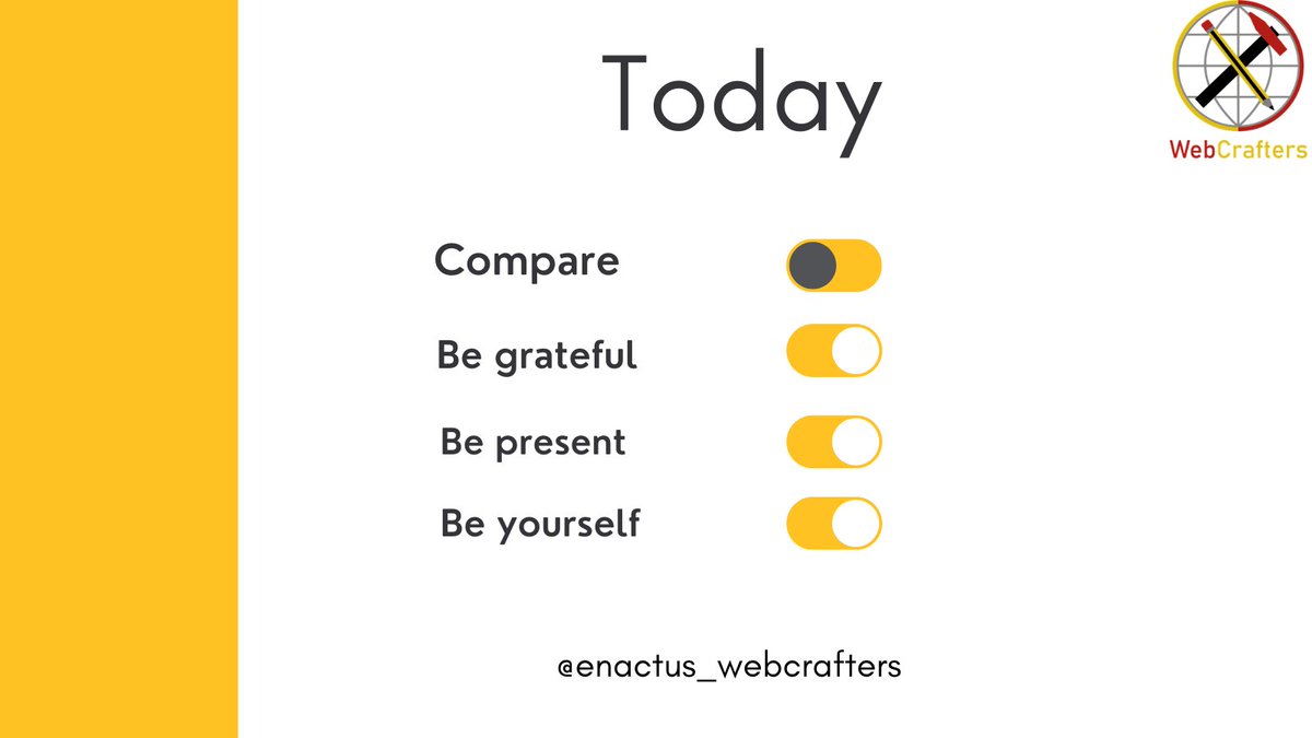 En_WebCrafters's tweet photo. Be grateful
Be present 
Be yourself
#Motivation #Inspiration #Tuesday #WebCrafters #Coding #Codinglife #Codingskills #HTML #CSS #jQuery #personaldevelopment #ENACTUS https://t.co/f0rT7PuiwF