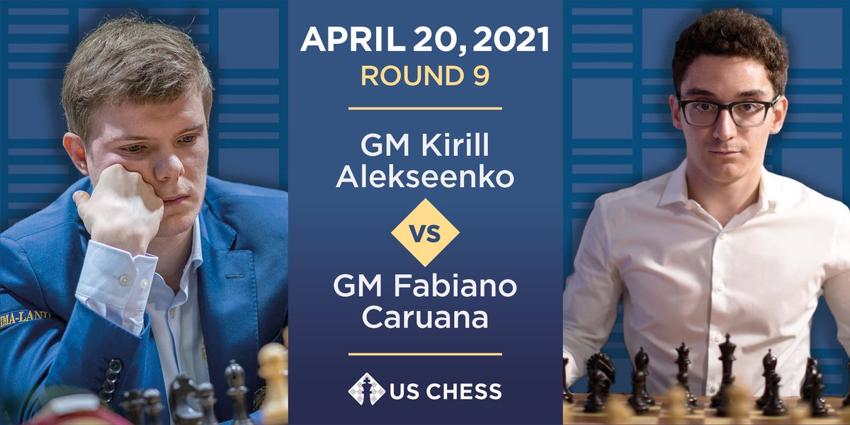 USChess's tweet photo. Round 9 - @FabianoCaruana takes Black against GM Kirill Alekseenko in the 2020-21 #fidecandidates. Can he make it two wins in two days? Play starts at 7am EDT! #gofabi https://t.co/sexOzY45yf