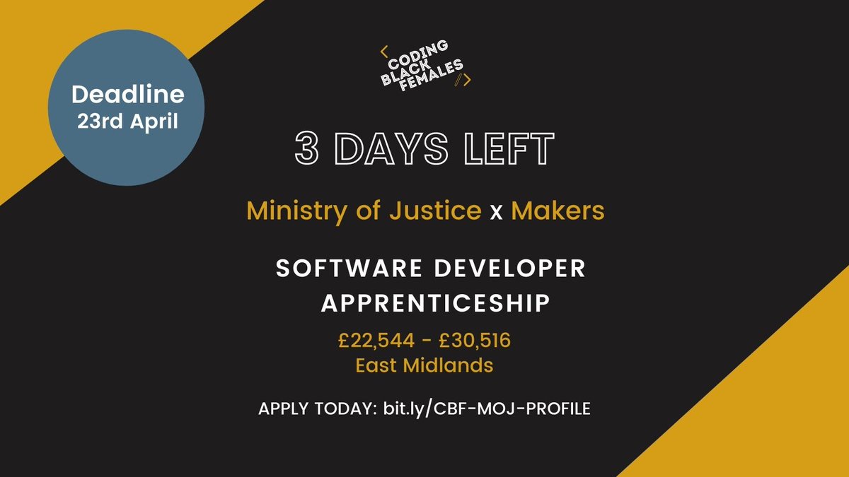 The last day to apply for the <a href="/Justice_Digital/">Justice Digital</a> Software Developer Apprenticeship by <a href="/makersacademy/">Makers</a> is Thursday! Don’t miss this opportunity

✅Full training to become a developer
✅Get Paid from Day 1

Location: East Midlands
Deadline: 3 DAYS!

APPLY NOW: bit.ly/cbf-moj-profile