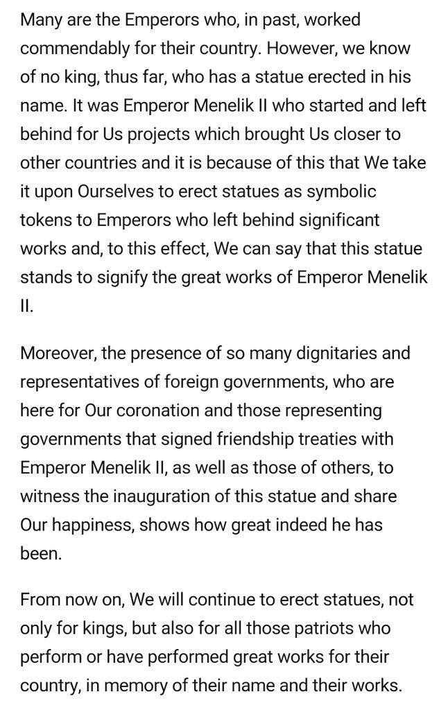 His Imperial Majesty, Emperor Haile Selassie's moving speech at the unveiling ceremony of his great predecesso at the Menelik II Square, a day before his coronation as Emperor.