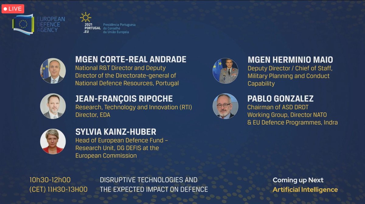 European Defence Agency (@eudefenceagency) on Twitter photo Panel 1⃣ - Disruptive Technologies and the Expected Impact on Defence
🤝EDA and <a href="/2021PortugalEU/">Đoàn Phú Quý 2k5</a> are grateful to have the insights of 5 excellent speakers for our first panel.
#EUDefence #EU2021PT Panel 1⃣ - Disruptive Technologies and the Expected Impact on Defence
🤝EDA and <a href="/2021PortugalEU/">Đoàn Phú Quý 2k5</a> are grateful to have the insights of 5 excellent speakers for our first panel.
#EUDefence #EU2021PT