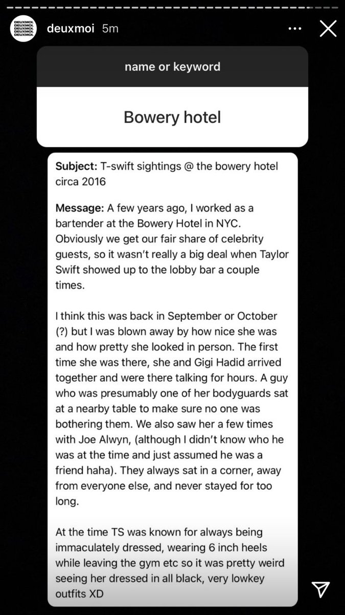 deuxmoi also posted a blind about taylor and joe being seen at the lobby bar in sep/oct 2016. obviously it might not be reliable but it aligns with what we already know