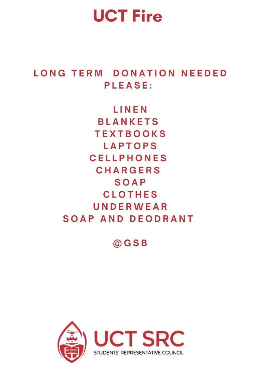 UCT_SRC's tweet image. DONATIONS: 

The following items are requested to assist students particularly from the upper campus residences most damaged by fires. 

GSB remains the donation drop off point.