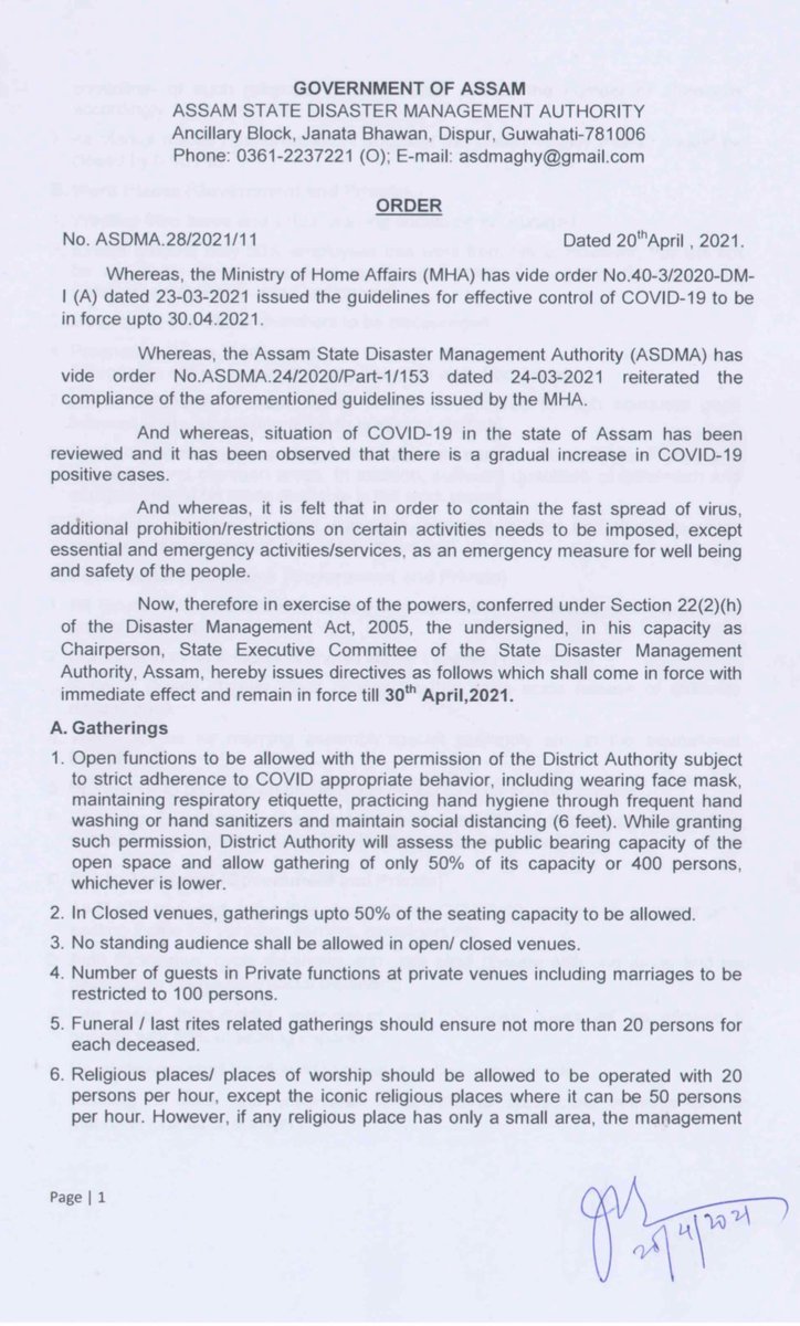 gpsinghips's tweet photo. CoVid guidelines for Assam issued on 20.04.2021. https://t.co/sUlI4NzPzZ