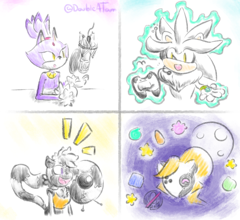 clockwise from top left: Blaze with a professional mic; Silver with a headset levitating a game controller; a happy VR avatar of a masked Whisper with a spacey background with wisps and a "muted" indicator; Tangle holding and excitedly yelling into a ball-shaped mic with her tail