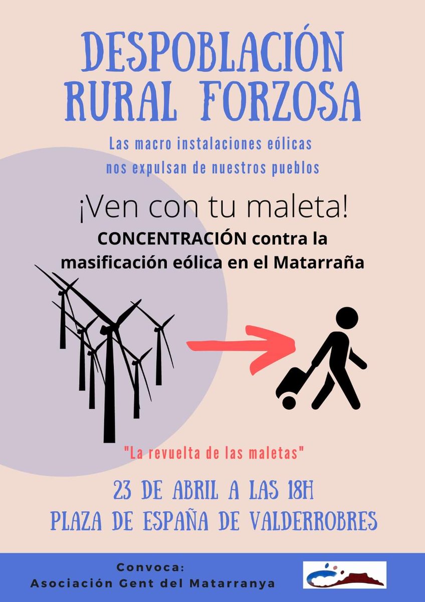 paisajes_teruel's tweet photo. La Asociación Gent del #Matarranya y la Plataforma a favor de los Paisajes de #Teruel organizan, el día 23 de abril a las 18 h. en la Plaza de España de Valderrobres, una concentración contra las macrocentrales eólicas.
Ven y apóyanos!

Más información: https://t.co/7dz6b16HTi https://t.co/WUKfxnhQLb