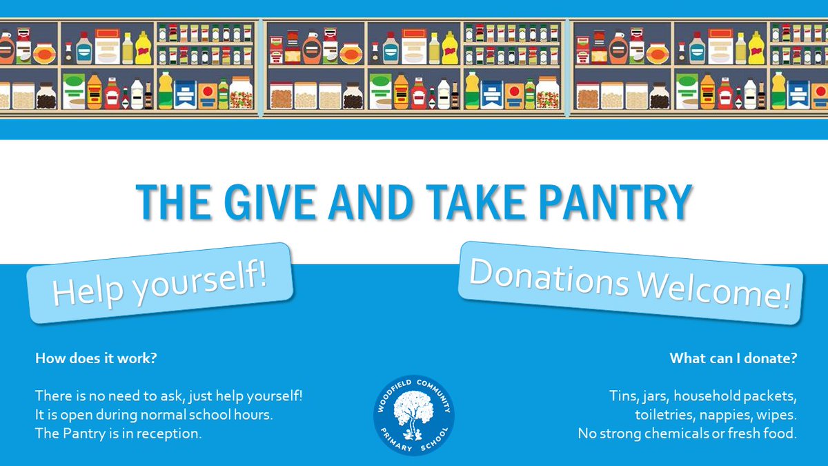The Give and Take Pantry. In our reception area, food and toiletries will be stored for our families to take whenever they need it. Please feel free to pop any spare items on the shelf so another family can make use of them. Thank you. #primaryschool #helpingothers #community