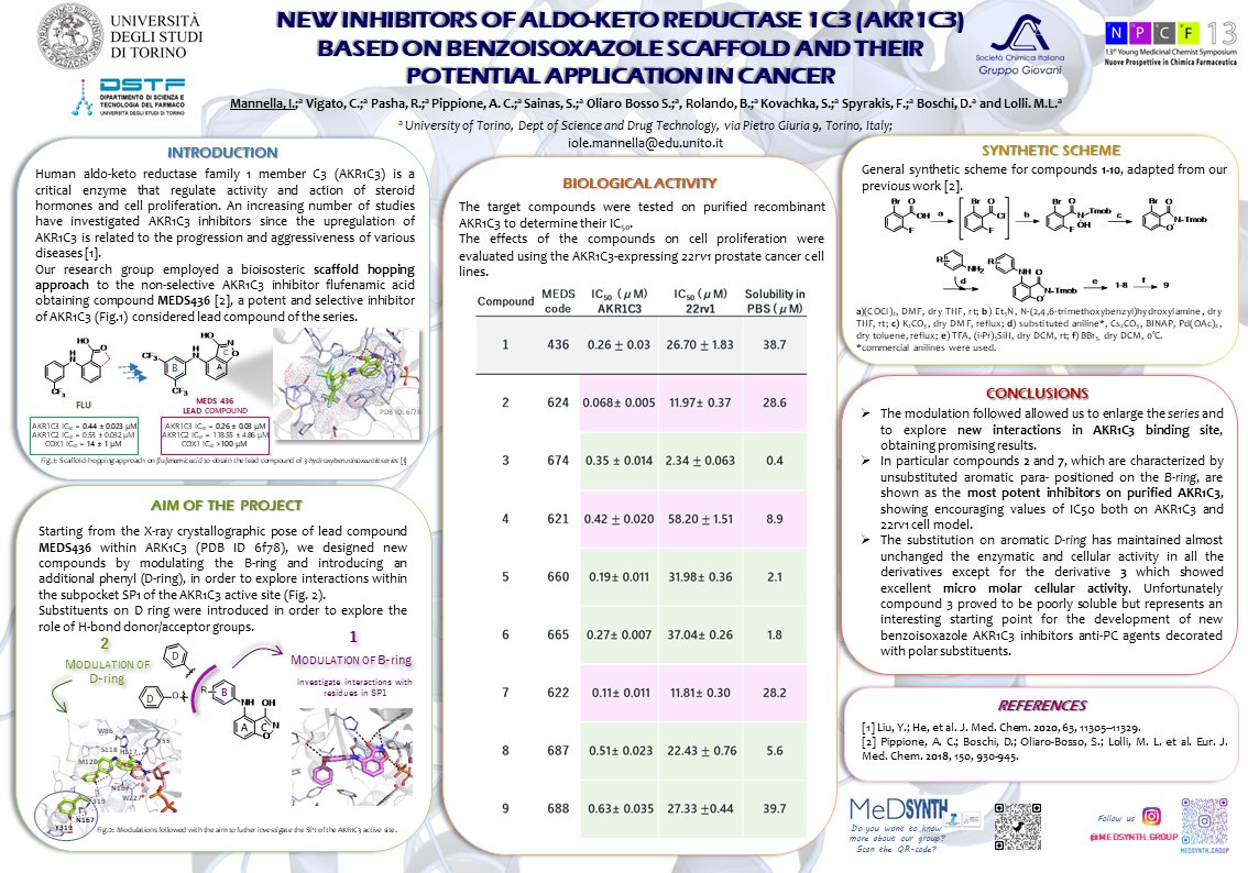 Iole06199949's tweet photo. Iole Mannella 13th Young Medicinal Chemist Symposium β Poster Session β I am glad to share with you my poster (P43) based on the synthesis of new inhibitors of aldo-keto reductase 1C3 (AKR1C3) - P43 #NPCF13 #DCFSCI #SYNTHETICAPPROACHES #INPCFMeet @DCFSCI https://t.co/VWBGOfcQJB