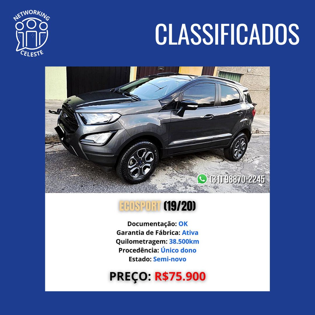 Nworkingceleste's tweet photo. A procura de um novo carro para ir ao Mineirão quando a Pandemia acabar?

EcoSport 19/20, com garantia de fábrica ativa e documentação em dia. Semi-novo, único dono.

Quilometragem: 38.500km

Valor: R$ 75.900

Contato: (31) 98870-2245

#NetworkingCeleste https://t.co/5TluqrhXZ9