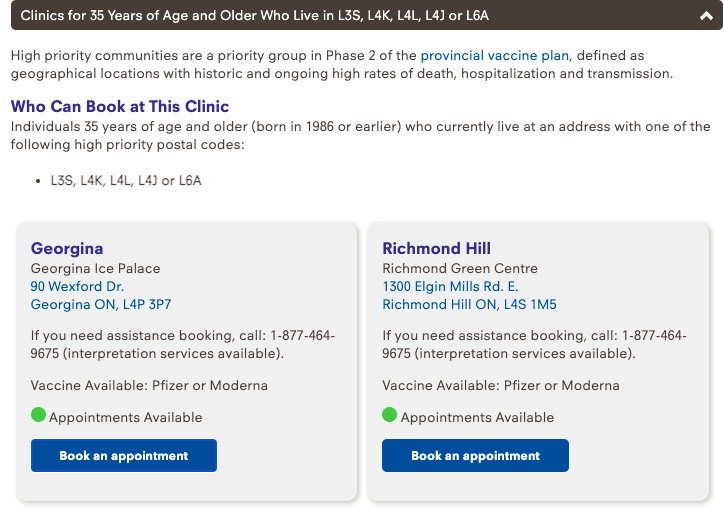 [ON] YORK REGION 35+ Clinics for 35+ Who Live in L3S, L4K, L4L, L4J or L6A
APPOINTMENTS AS SOON AS THURSDAY!!!

Georgina ICE PALACE location APRIL 22
tinyurl.com/4k6h7wdm #COVID19 #COVID19Vaccine #COVID19ON #vhcON