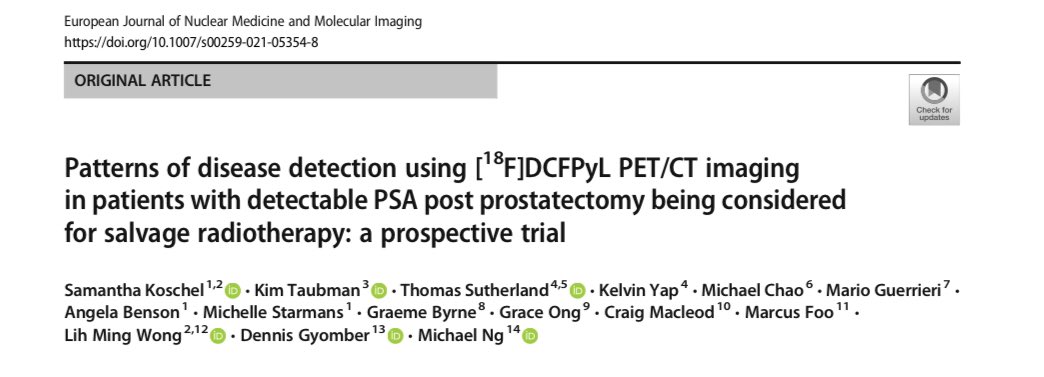 [18F]#DCFPyL #PETCT increases detection of disease in patients being considered for #salvage #radiotherapy with #BCR post #prostatectomy <a href="/SamanthaKoschel/">Samantha Koschel</a> <a href="/DrTomSutherland/">Tom Sutherland</a> #EJNMMI #MedTwitter