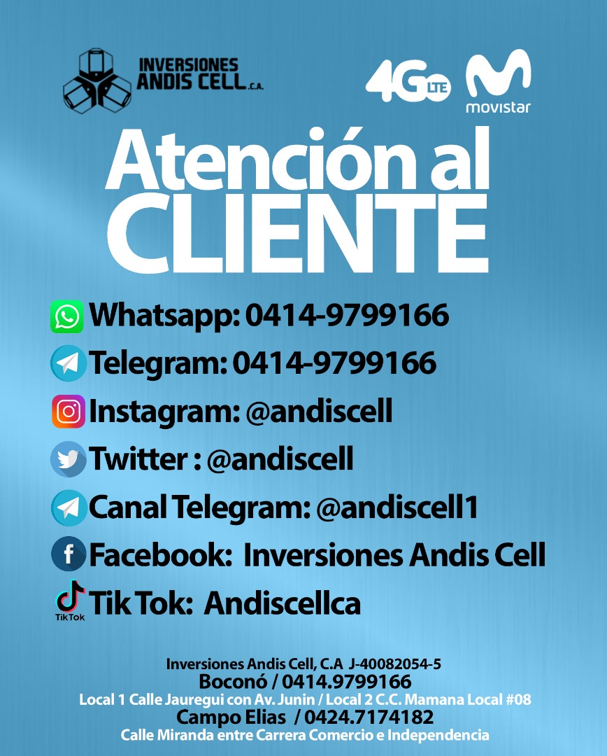 ANDISCELL's tweet image. Inversiones Andis Cell C.A.
Somos Agente de Servicio  Integral con funciones de Centro Servicio.
Somos ANDISCELL C.A. #Venezuela #Smartphone #android #samsung #phone #celulares #tienda #comprasonline #telefonos #blu #compra #venta #bocono #campoelias
Whatsapp +584149799166