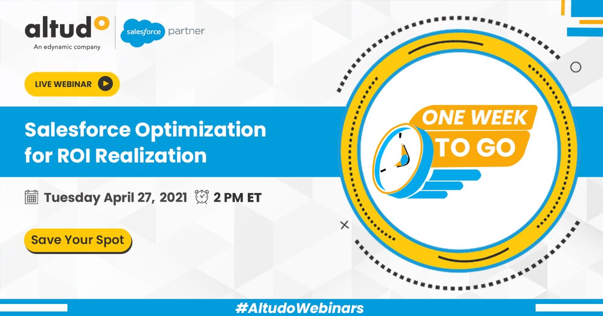 Are you getting enough #ROI from your @Salesforce investment? Could you be getting more #return while also lowering the number on the price tag? Join us for this webinar to find out: bit.ly/3tKh6o4
One week to go!
#CRM #OptimizationStrategies #CRMStrategy #AltudoWebinars