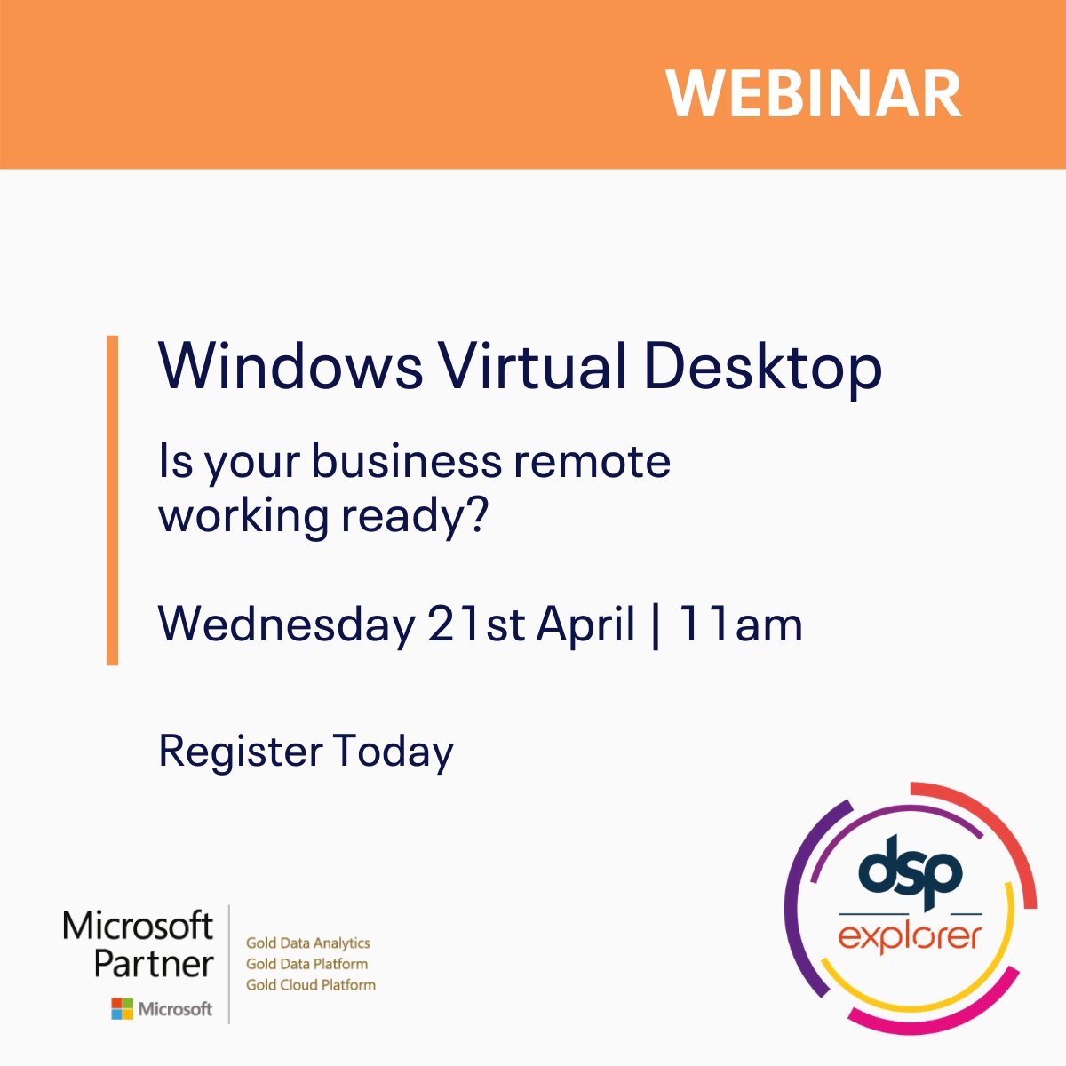Windows Virtual Desktop is carefully designed to make remote working accessible, affordable, and highly scalable. Find out more at tomorrow's webinar 👇
bit.ly/3v5JSzQ

#Webinar #IT #WindowsVirtualDesktop #RemoteWorking #Microsoft