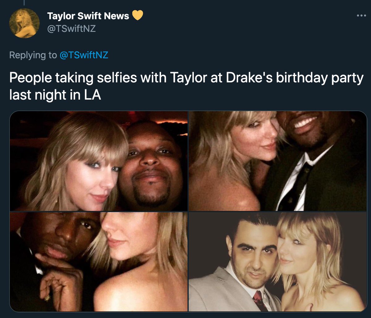 23 october 2016: taylor attends drake’s 30th birthday party in LA.several media outlets theorise about a possible relationship between them but the rumours are denied straight away.