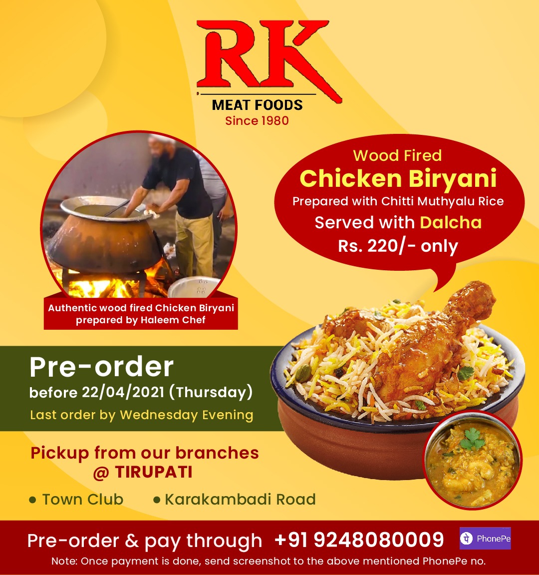 MeatRk's tweet photo. RK Meats Foods
Authentic Wood Fired Chicken Biryani
Prepared with Chitti Muthyalu Rice.
Served With Dalcha.
Pre-order Before 22/04/2021(Thursday)
last Order by Wed Evening
Pickup From our Branches @Tirupati
please order and taste it..
Contact us : 8886669109
#rkchats #tastytreat https://t.co/bYoHW9yeKI