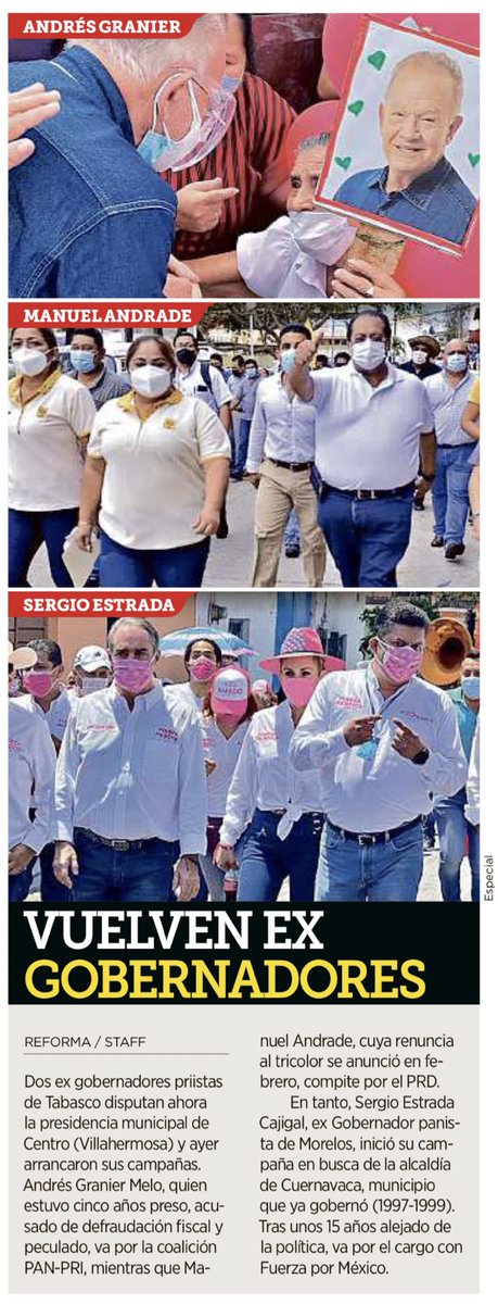 No chingues, Villahermosa.

“Andrés Granier, quien estuvo cinco años preso, acusado de defraudación fiscal y peculado, va por la coalición PAN-PRI”

[vía @Reforma ]