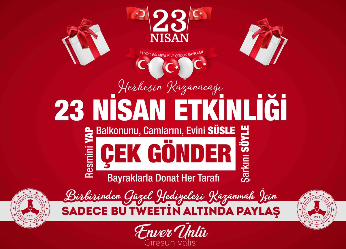 valiunlu's tweet photo. 📢Sevgili veliler, çocuklar;

🎁Katılan herkesin kazandığı ''23 Nisan Etkinliğimiz'' başladı!

🏡Evini süsle,
🇹🇷Bayrağını as,
🎨Resmini yap,
🎶Şarkını söyle,
🗣️Şiirini oku,
📸Videonu, fotoğrafını aşağıda paylaş.
✅Bu paylaşımı retweetle,
🎁Hediyeleri kazan!

🗓️Son gün #23Nisan! https://t.co/DBYGrS5nSt
