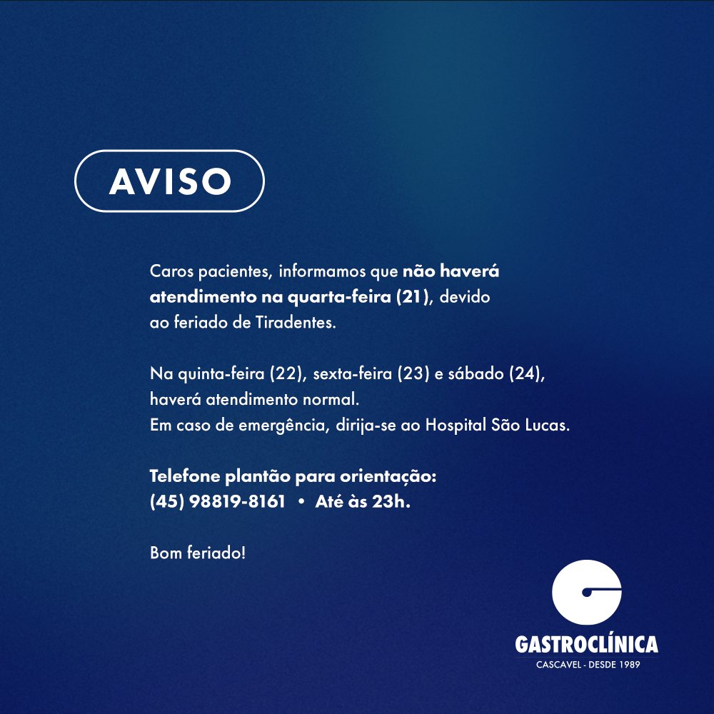 gastrocascavel's tweet photo. 🚨 Atenção ao aviso e bom feriado. https://t.co/tZCYzO9o0W