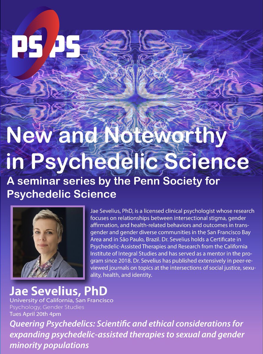 How can psychedelics help gender non-conforming patients heal from trauma &amp; even change our approach to psychiatry? Tune in to <a href="/pennpsychedelic/">Penn Society for Psychedelic Science (PSPS)</a> and <a href="/PennMindCORE/">PennMindCORE</a> today @ 4pm EST to hear from clinical psychologist and associate professor <a href="/jsevelius/">Jae Sevelius, PhD</a>! crowdcast.io/e/penn-psyched…