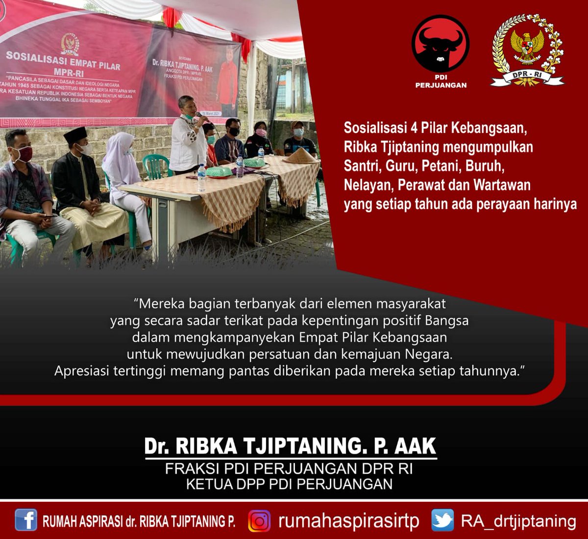 Tri79158652's tweet photo. Sosialisasi 4 Pilar di Sukabumi, Ribka Tjiptaning Tampung Aspirasi dari Sejumlah Profesi - https://t.co/rWJ4vwLSPV
@sukabumiNewsnet https://t.co/UzZ0cGq7Ra
@PDI_Perjuangan
#SsialisasiEmpatPilar
#PDIPerjuanganJabar
#KoKabSukabumi 
#RibkaTjiptaningProletariyati
#RTP
#KomisiVII https://t.co/byjD1MZKSl