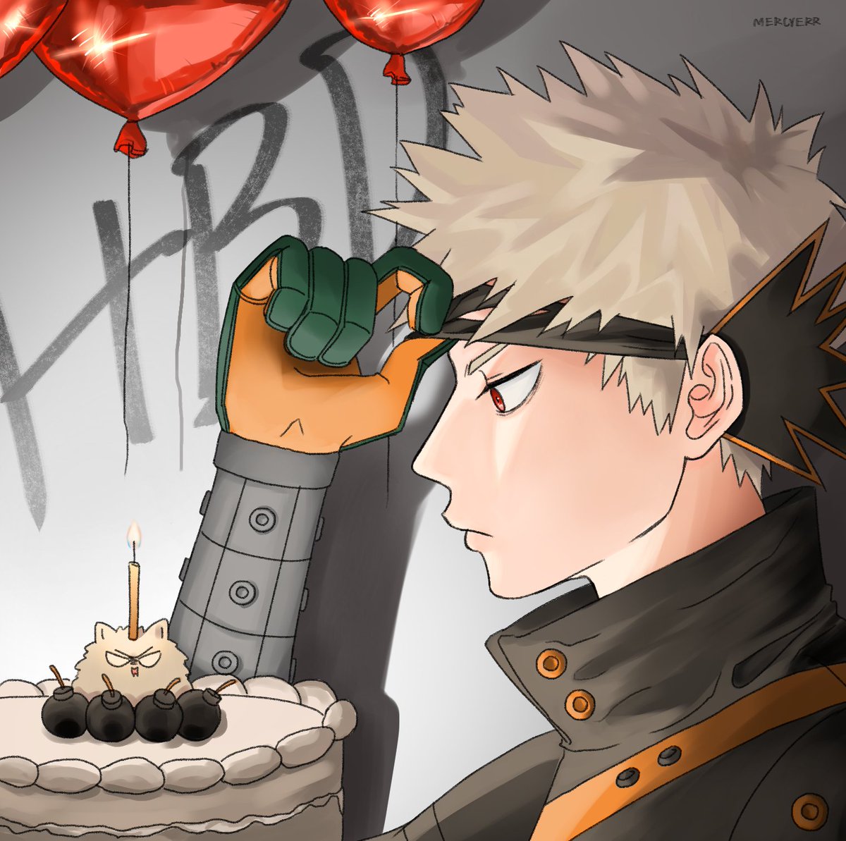 爆豪勝己「HBD 🎉 great explosion murder god dynami」|mekoのイラスト