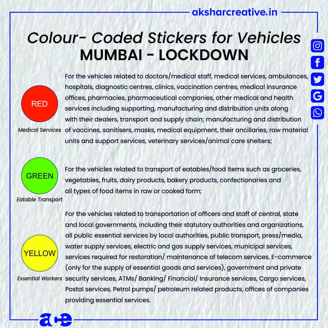 Know your sticker code if you're moving out for essentials in Mumbai!!

#smallbusiness #Mumbai #stickers #TrafficStickers #EssentialItems #maharashtra #Lockdown #VocalForLocal #COVID19 #Thane