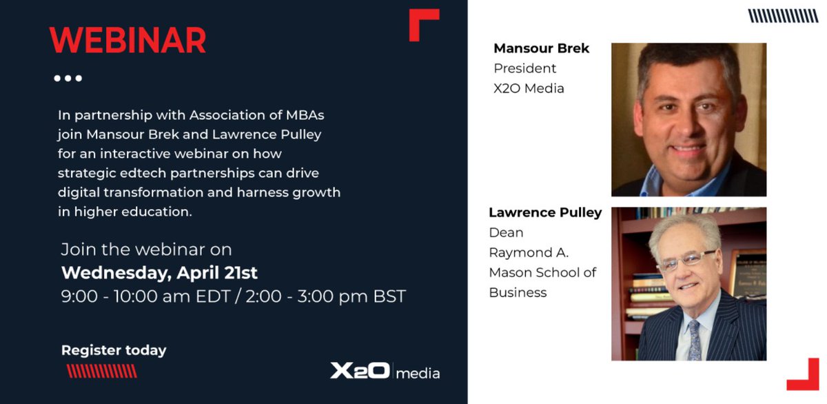 X2O Media (@x2omedia) on Twitter photo Last chance to register for the <a href="/Assoc_of_MBAs/">Association of MBAs</a> #webinar tomorrow with Mansour Brek and Lawrence Pulley as they discuss how #edtech partnerships can strengthen the future of higher education in a disruptive world.
Book your place here: ow.ly/ItgM50Et08O Last chance to register for the <a href="/Assoc_of_MBAs/">Association of MBAs</a> #webinar tomorrow with Mansour Brek and Lawrence Pulley as they discuss how #edtech partnerships can strengthen the future of higher education in a disruptive world.
Book your place here: ow.ly/ItgM50Et08O