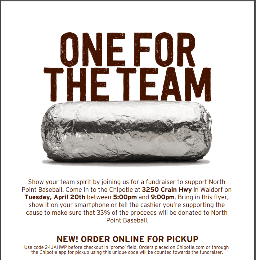Tonight! Support the NPHS Baseball team at Chipotle 5:00-9:00 (Waldorf)🌯