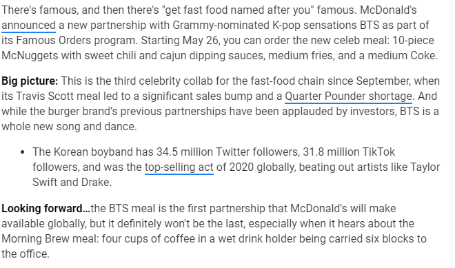Alex Blumenstein (@bloomto) on Twitter photo The BTS meal will be available globally, does that mean at <a href="/McDonaldsCanada/">McDonald's π¨π¦</a>? Not a BTS fan but I missed out on the Travis Scott meal, so gotta try this. The BTS meal will be available globally, does that mean at <a href="/McDonaldsCanada/">McDonald's π¨π¦</a>? Not a BTS fan but I missed out on the Travis Scott meal, so gotta try this.