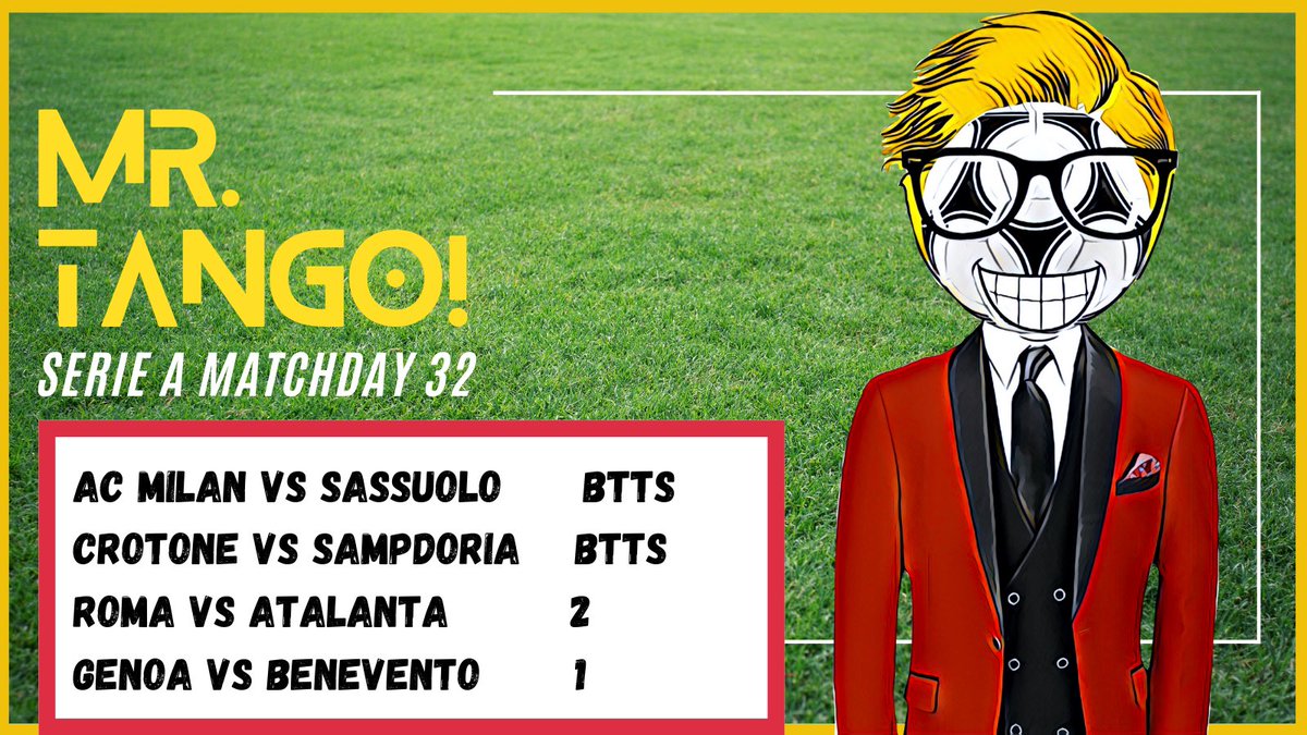 Serie A Matchday 32 ⚽️ 🇮🇹 
<a href="/MrTangoseriea/">Mr. Tango!</a> predictions are ready

This week multi:  x11.6 !

#football #calcio #seriea #mrtango