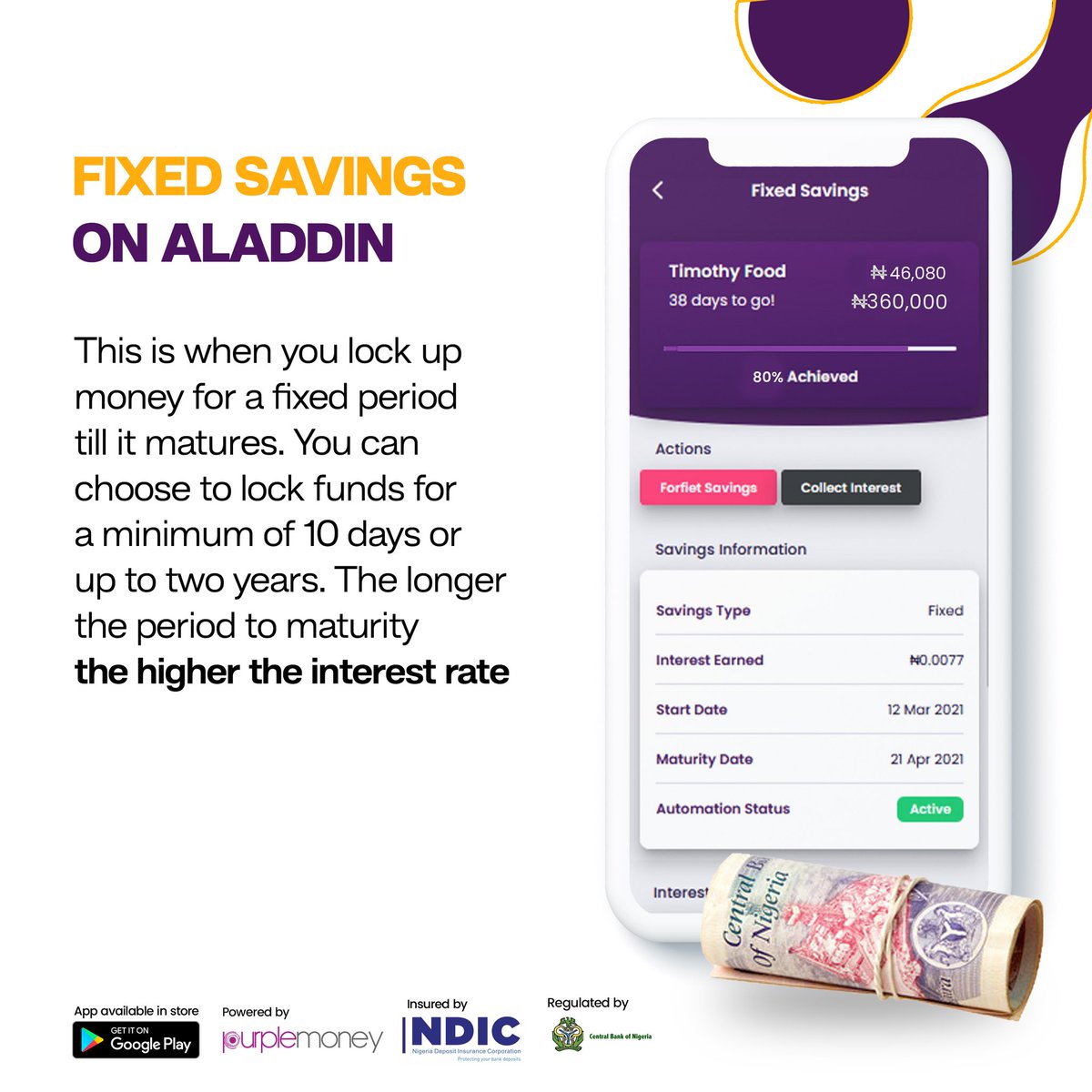aladdindigital_'s tweet photo. Do you know you can earn up to 16 % interest  when you set up your Fixed Savings  on the Aladdin Bank app!

✅ Download/Upgrade to Aladdin 2.0 
✅Click on the savings tab, select fixed savings
✅Select a duration 
✅Create a Safe lock for your savings 

#AladdinBank #Aladdin2.0 https://t.co/V6CqZAPSX0