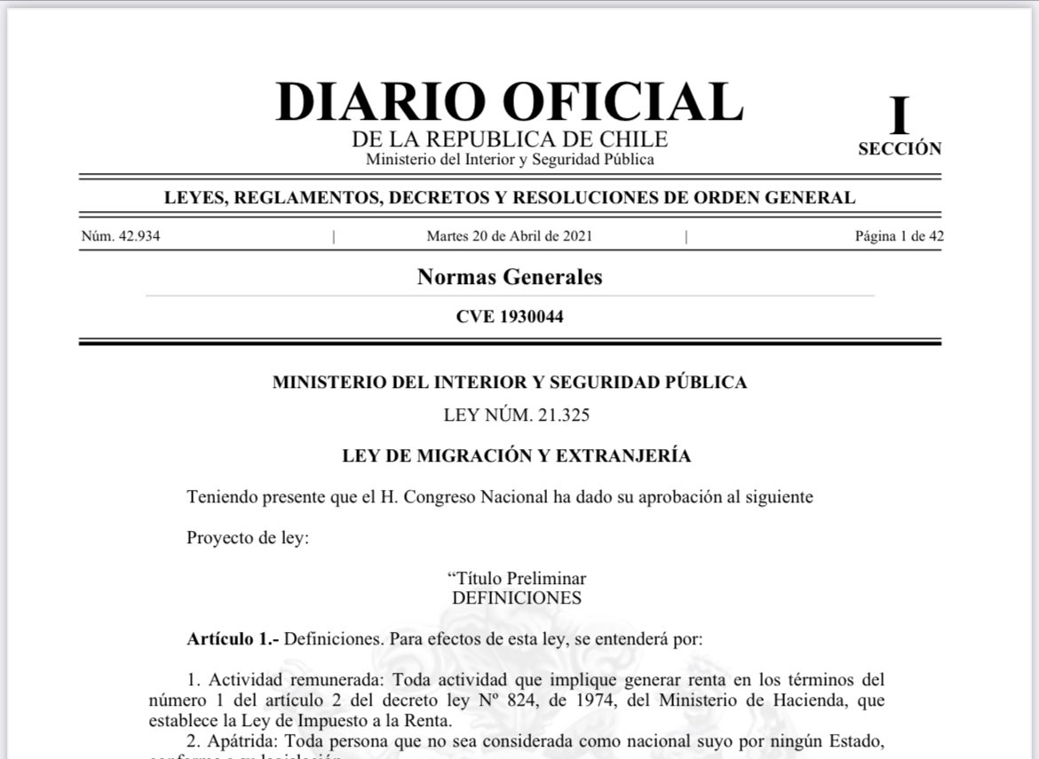 Hoy se publicó la Ley 21.325, la nueva ley de migraciones, que se hace cargo del fenómeno que vivimos en estos tiempos de globalización y cambio. Pensar que partimos en 2011 con en este enorme desafío, no queda más que agradecer a todos quienes contribuyeron a que fuera posible!