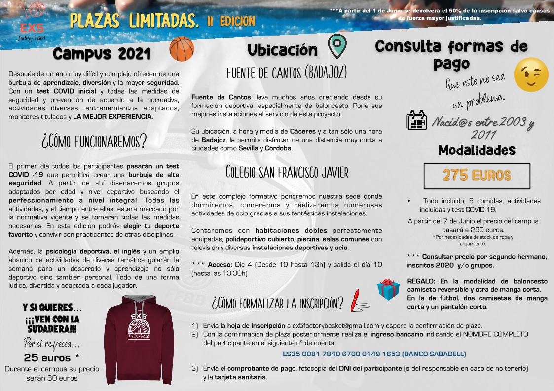 📢⚽️🏀Abierto el plazo de inscripción para el Campus 2021 de Fútbol y Baloncesto.
Plazas Limitadas‼️
La mejor diversión para tu verano con la mayor seguridad.
Inscripciones y ➕ info: <a href="/FactoryBasketE5/">Ex5 Factory Basket</a> <a href="/Ex5Formacion/">EX5 formación</a>