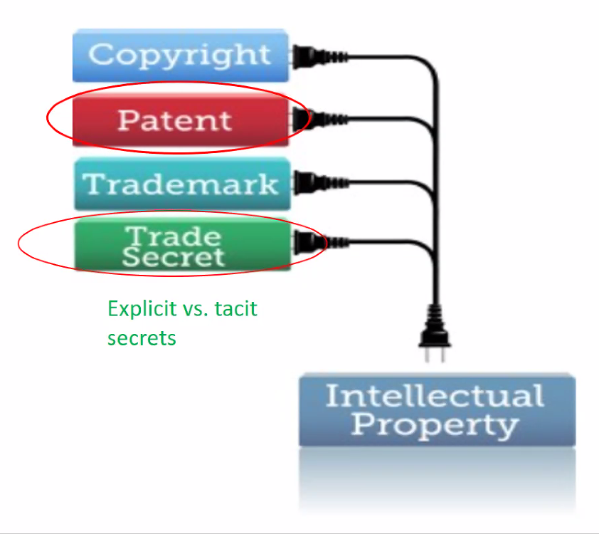 "The main event is trade secrecy," and not patents, she says. Trade secrets are of 2 types, she says:-explicit, codified knowledge-tacit knowledge (only in the brains of skilled scientists & technicians)