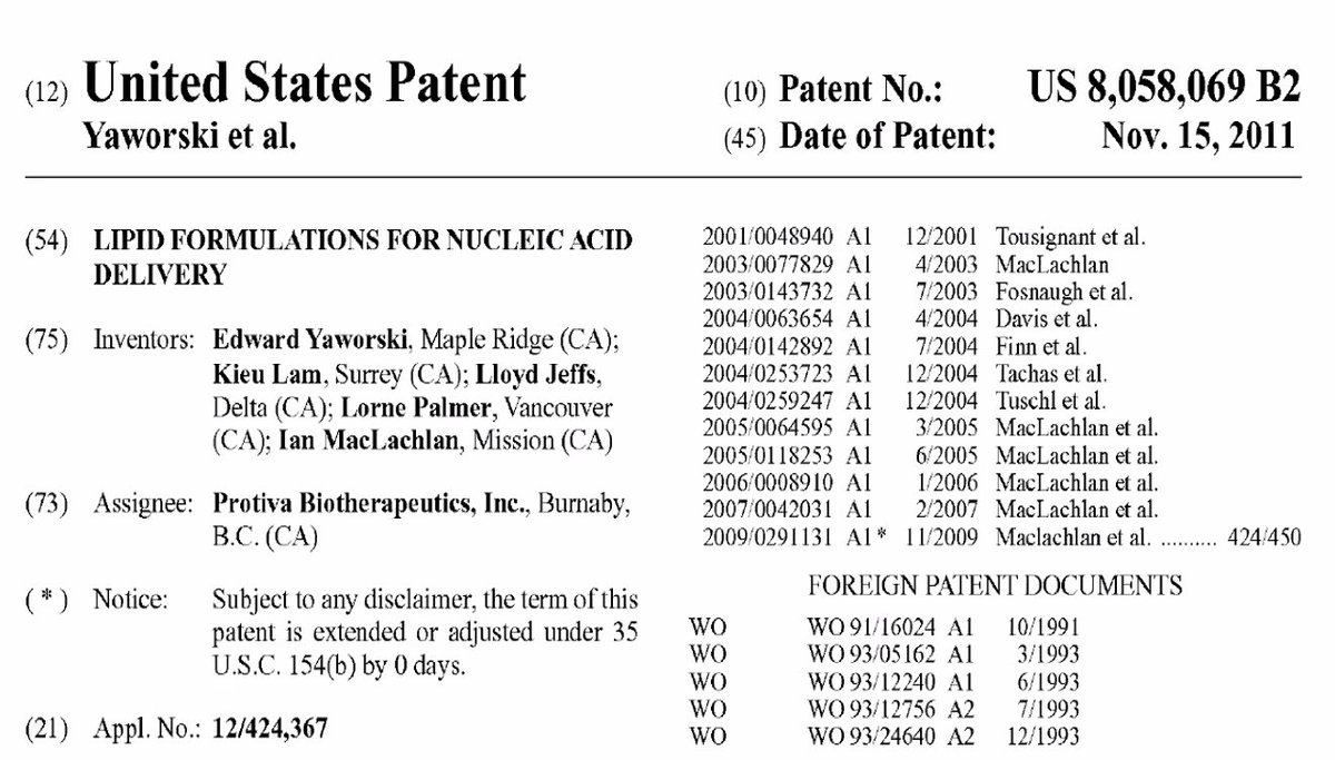 Moderna challenged this patent on mRNA delivery (lipid formulations for nucleic acid delivery).