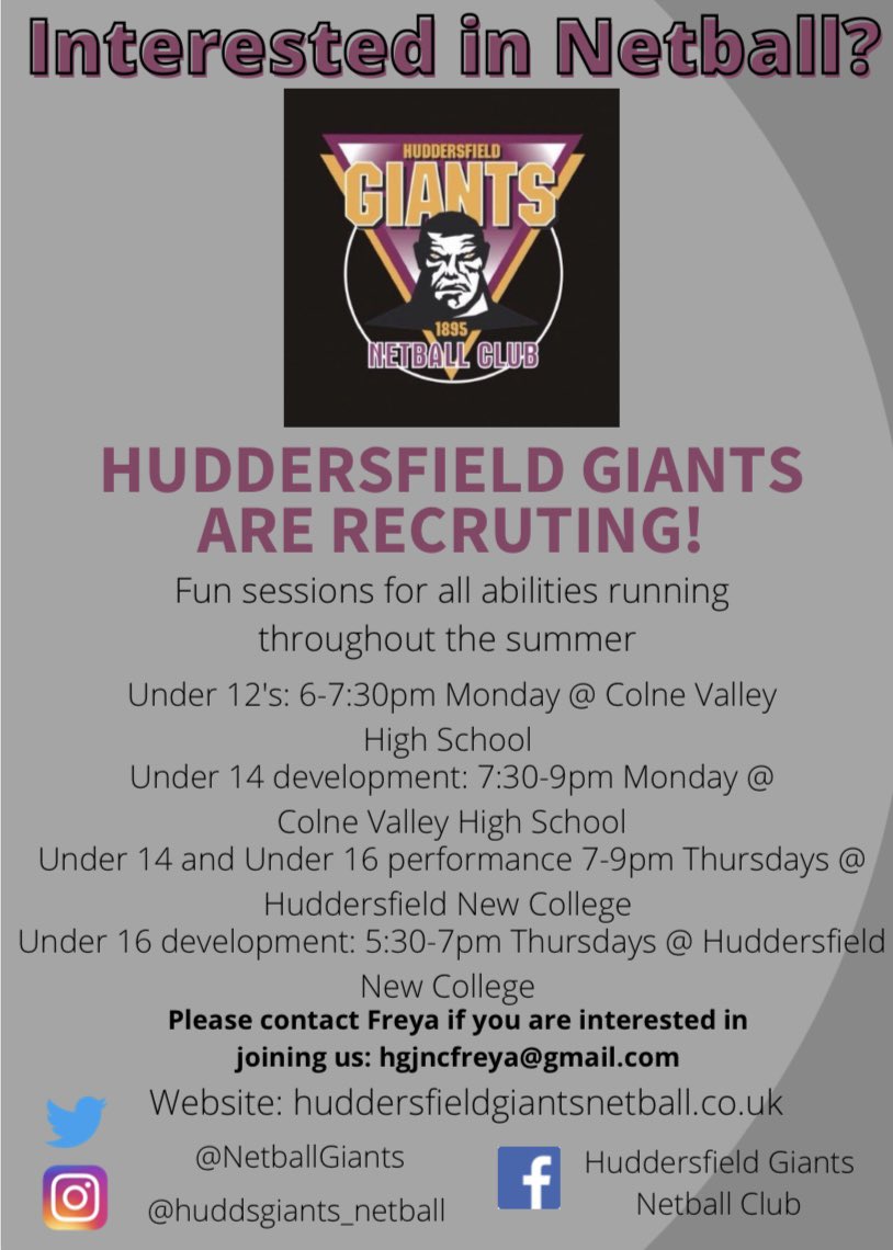 Netball is still running over the summer months at Huddersfield Giants. This is a brilliant opportunity for any of our HGS Netballers wanting to keep their skills fresh and slick for the 2021 school season. An equally amazing chance to take up a new sport <a href="/NetballGiants/">HuddersfieldGiantsNetball</a> 🏐😃