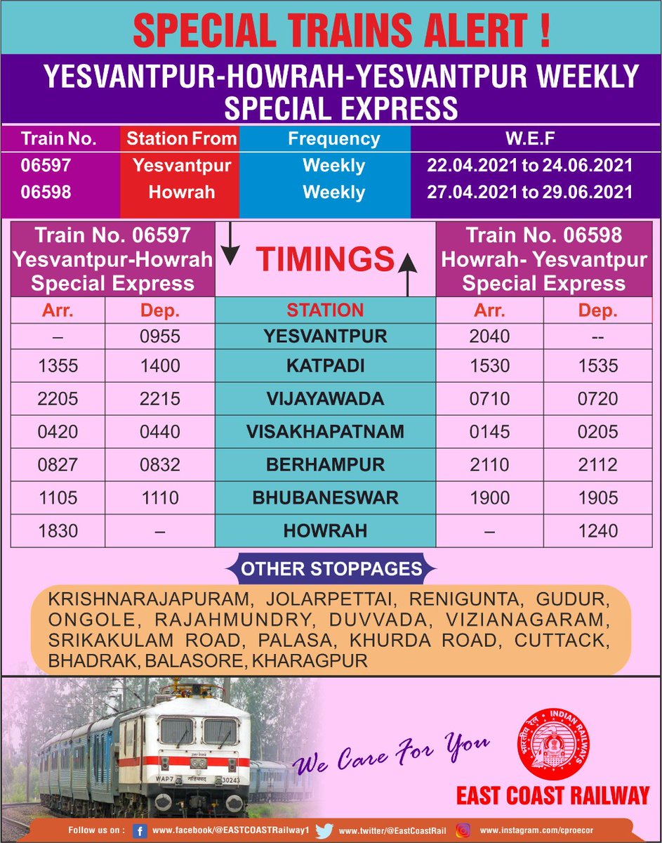 .<a href="/RailMinIndia/">Ministry of Railways</a> Special Train Alert!

06597/06598 Yesvantpur-Howrah-Yesvantpur AC Special.

Please check the website indianrail.gov.in/enquiry/ or enquiry.indianrail.gov.in/ntes/index.html for more details. <a href="/DRMKhurdaRoad/">DRM KhurdaRoad</a> <a href="/DRMWaltairECoR/">DRMWALTAIR</a> <a href="/DRMSambalpur/">DRMSambalpur</a>