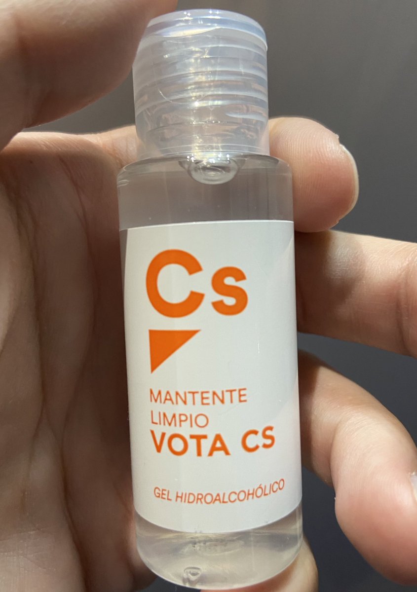 cs_moncloa's tweet photo. Una idea rompedora. Ciudadanos ha dado en el clavo del merchandising electoral ! 🧡

Estos días han comenzado a regalar en sus instalaciones electorales en las calles de la CAM un pequeño bote de gel que ha facilitado que los curiosos se acerquen a las carpas del partido. https://t.co/ATQ2FBLSed