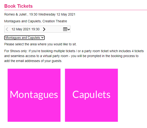 PascaleExeter's tweet photo. Oooh, the thrill of trying to book a virtual show and finding that you have to decide WHERE TO SIT and WHO YOU'D LIKE TO SIT WITH and CHAT TO AFTERWARDS!

I need to take a breath. 
@creationtheatre #Montagues or #Capulets? (I like the Montague family, but not crazy about Romeo). https://t.co/Tz85gHh6E0