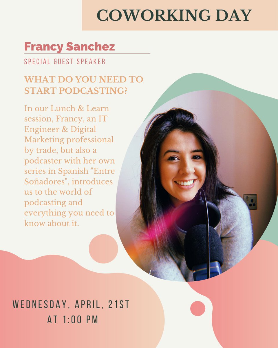 So you want to use the time given by all the lockdowns to start #podcasting? - but do not know where o start?🤷‍♀️ Join our Lunch &amp; Learn session our co-founder <a href="/FrancyKSanchez/">Francy Sanchez</a> who is also a podcaster will share with you all what you need to know 
eventbrite.ie/e/online-cowor…
