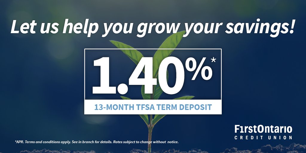 Get the most from your #savings – tax-free.  Our 1.40%* 13-month #TFSA term deposit is a perfect way to reach your savings goals faster. Learn more at FirstOntario.com/TFSA or call 1-800-616-8878.