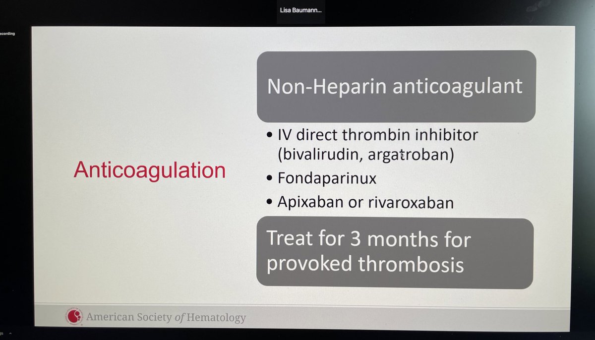 Treatment options range from argatroban (for higher risk) to DOACs (for lower risk). Avoid heparin products and VKA