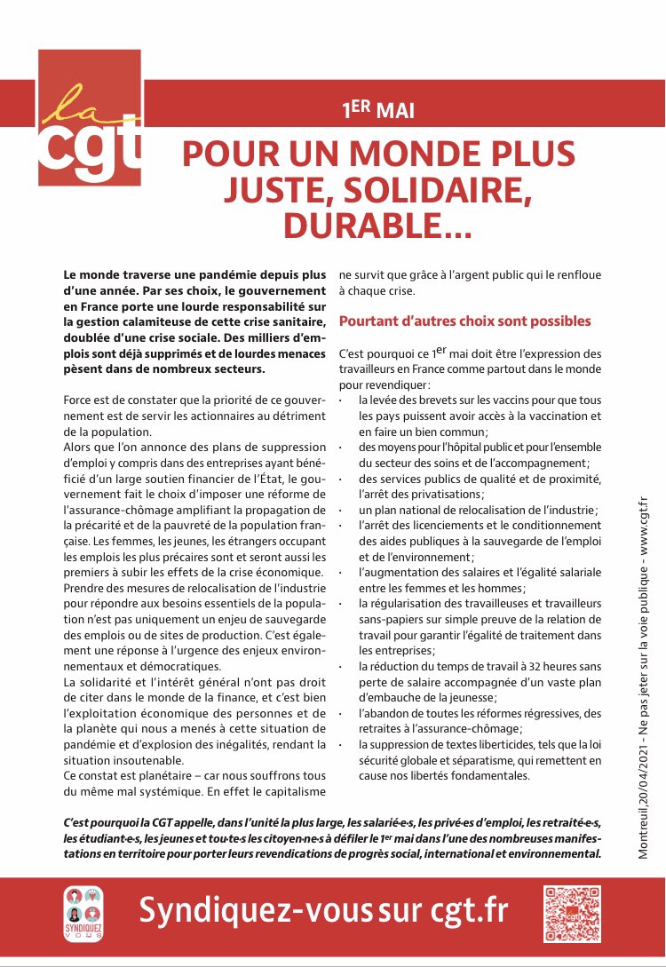 #1ermai 
La CGT appelle, dans l’unité la plus large, les salarié·e·s, les privé·es d’emploi, les retraité·e·s, les étudiant·e·s, les jeunes et tou·te·s les citoyen·ne·s à défiler le 1er mai pour porter leurs revendications de progrès social, international et environnemental. ✊✊