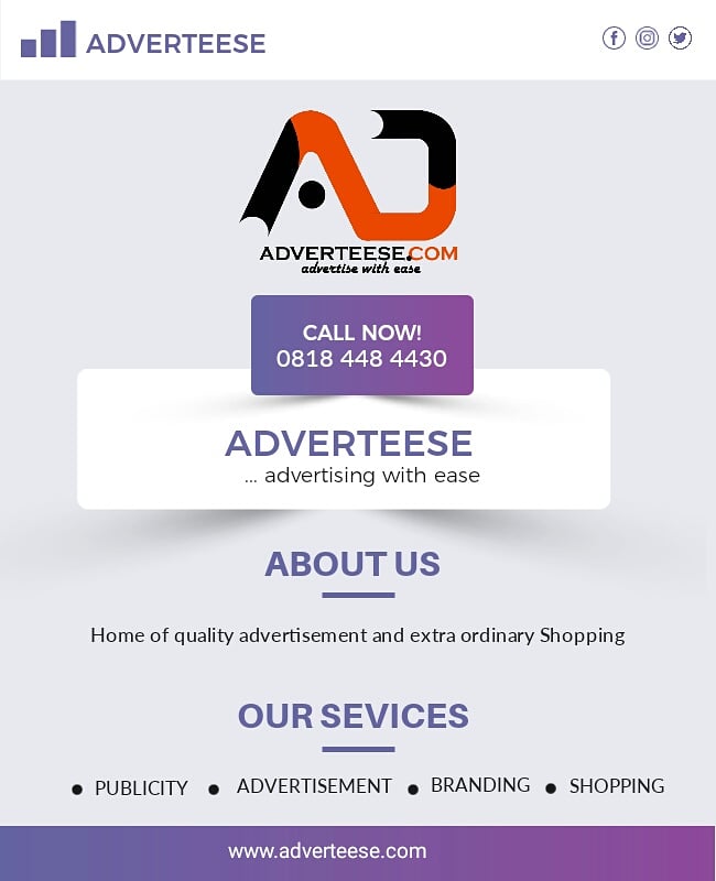 Adverteese's tweet photo. Contact us🔛
https://t.co/lzEsOvPYEL
Whatsapp:0818 448 4430
Facebook:https://t.co/vbpCXd0k3r 
Instagram:@adverteese
Twitter :@Adverteese

#ads #adverts #publicity #branding #product #marketing #selling #prospectiveclient #adverteese https://t.co/yYXFa49Rkb