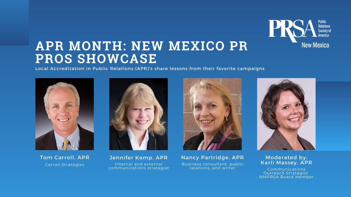 REMINDER: Tomorrow is the last day to register for the April #NMPRSA luncheon. Celebrate #APR month as Tom Carroll, Jennifer Kemp and Nancy Partridge share knowledge gained from the APR process &amp; lessons they've learned from their favorite #PR campaigns. bit.ly/3n59A4N