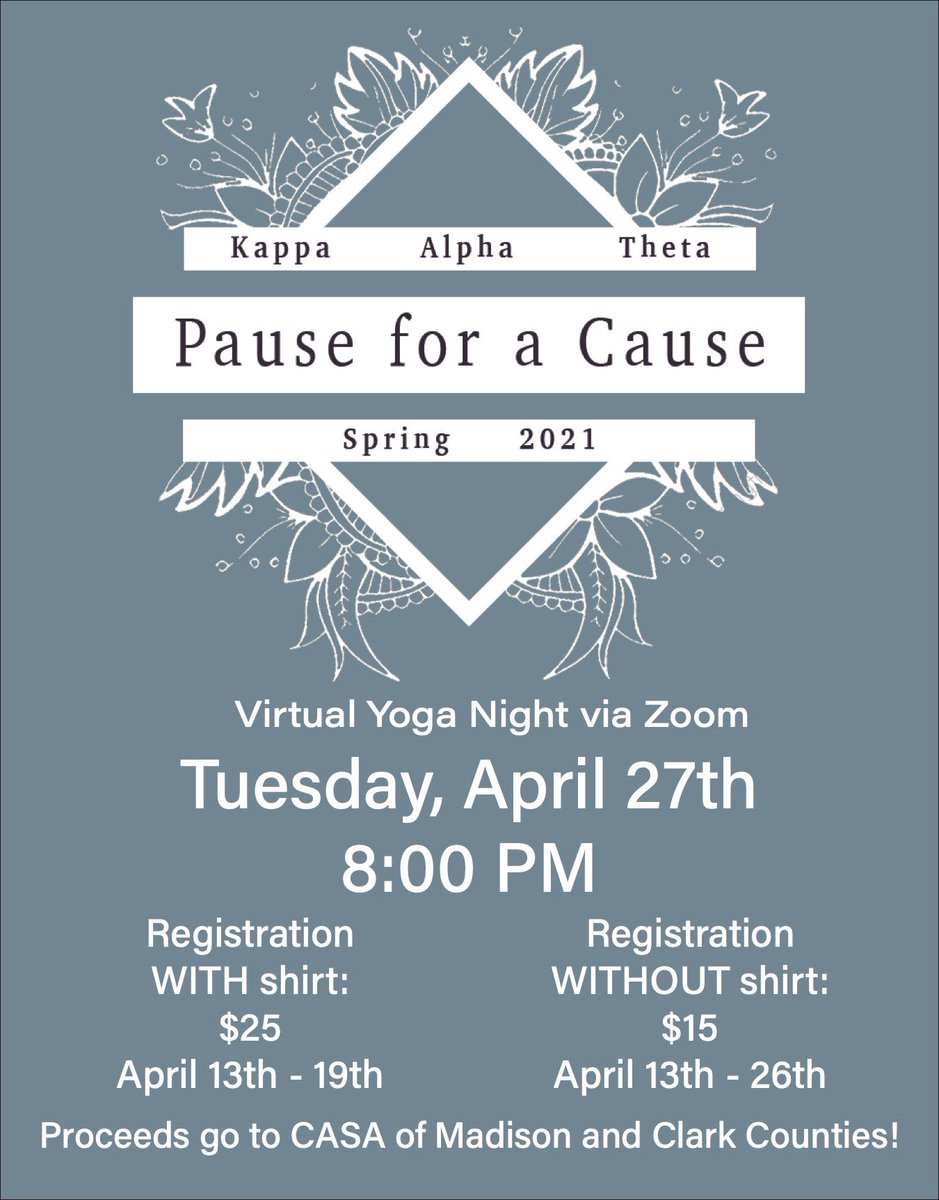 Theta_EKU's tweet photo. We are excited to be hosting a virtual yoga night to benefit CASA of Madison and Clark Counties as our spring philanthropy this year!

The donation link is: https://t.co/vKrI7eVy2o 

The registration link is: https://t.co/UGYDz9gt7E... 

We look forward to seeing you all there! https://t.co/rIUppfXRcR