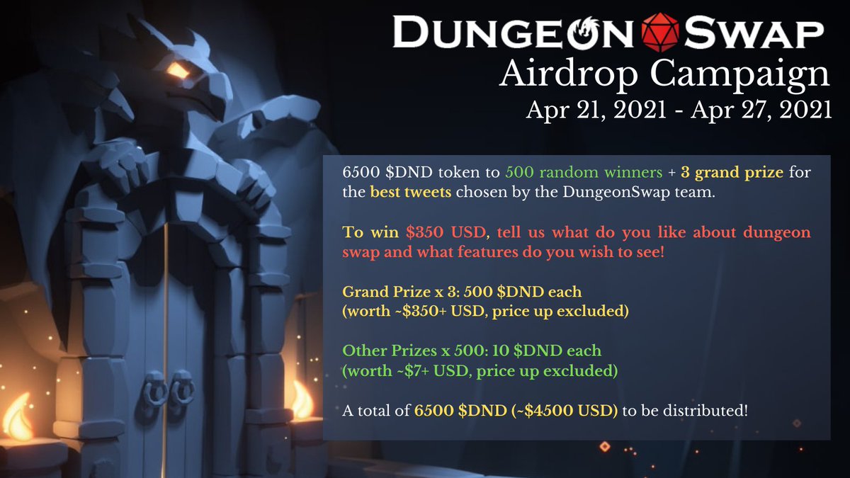 DungeonSwap (@dungeonswap) on Twitter photo Airdrop! $4500+USD! Details in pic
1.Follow <a href="/DungeonSwap/">DungeonSwap</a>
2. Join t.me/dungeonswap
3. Like,RT,tag 2 frds #dnd #BSC #Airdrops
4.(For the $500 prize) rt what do you like about DungeonSwap, what features do you wish - go dungeonswap.app
5. Fill:bit.ly/3n5RD60 Airdrop! $4500+USD! Details in pic
1.Follow <a href="/DungeonSwap/">DungeonSwap</a>
2. Join t.me/dungeonswap
3. Like,RT,tag 2 frds #dnd #BSC #Airdrops
4.(For the $500 prize) rt what do you like about DungeonSwap, what features do you wish - go dungeonswap.app
5. Fill:bit.ly/3n5RD60