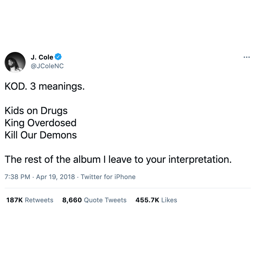 Genius's tweet photo. today in 2018, j. cole dropped his fifth studio album ‘KOD’ 👑

favorite track three years later? https://t.co/tqlUWQNVgh